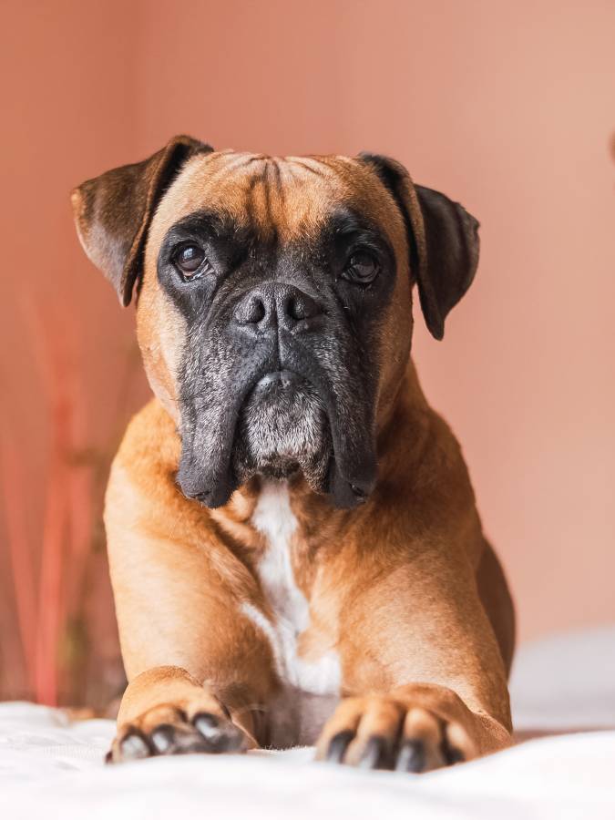 cute boxer dog lying on belly over bed in cozy room